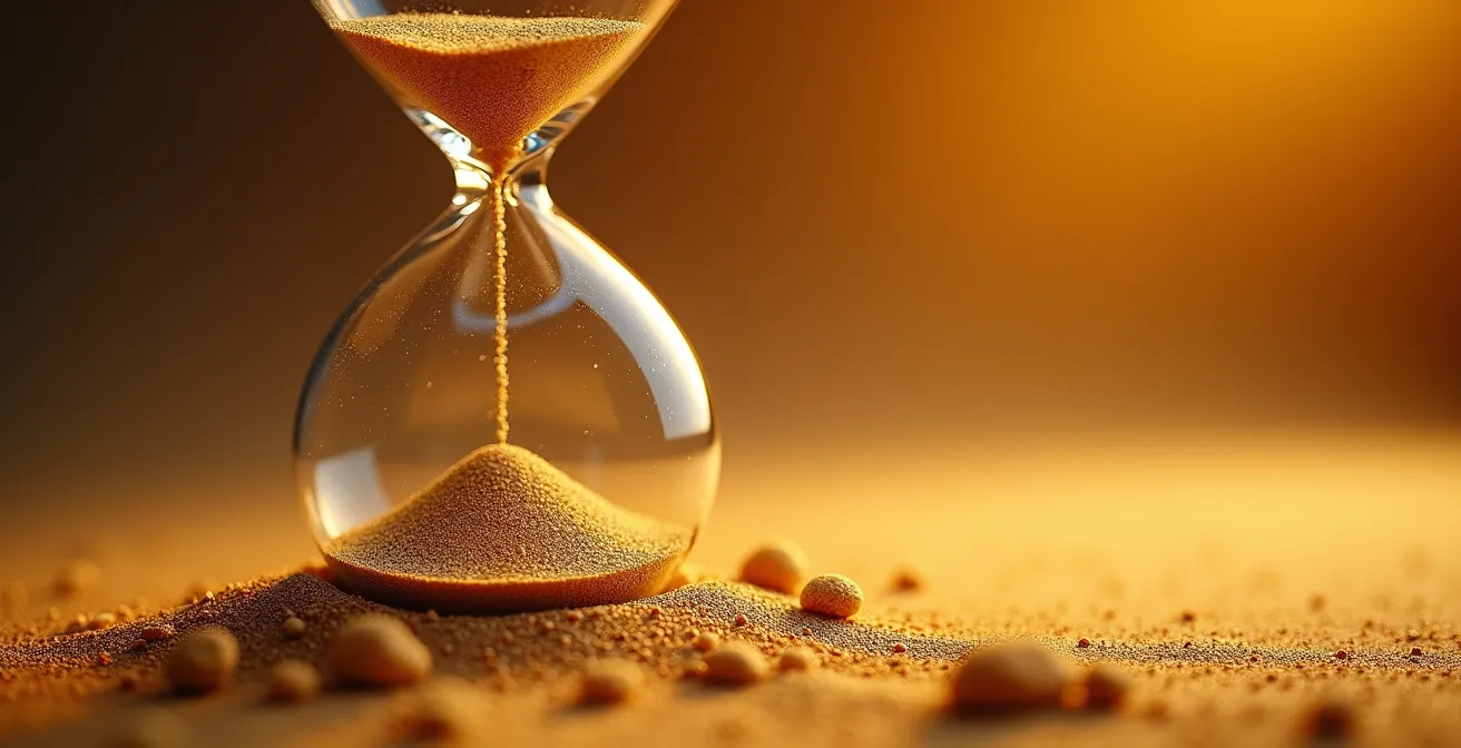 Sablier moderne avec particules dorées représentant le temps économisé