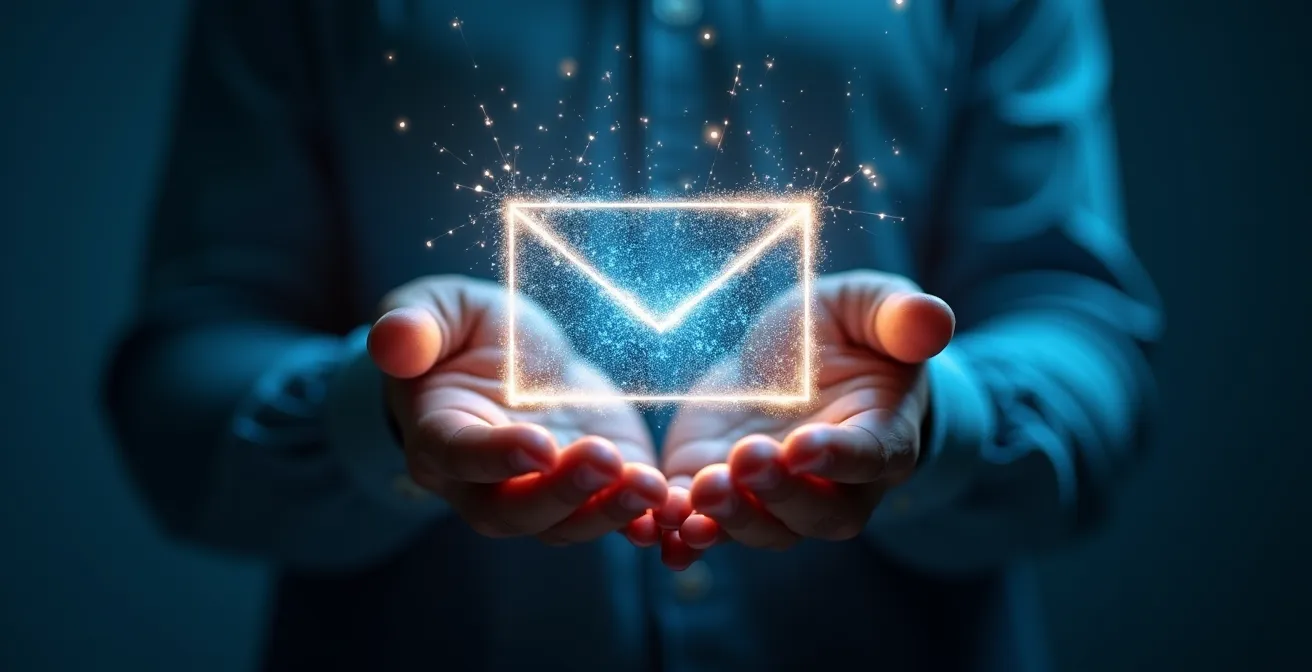 Mains tenant une enveloppe virtuelle matérialisée en particules lumineuses