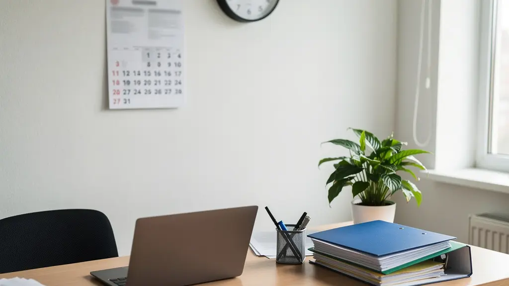 Bureau de service RH avec calendrier mural et horloge symbolisant les délais