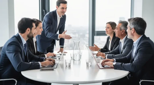 Professionnels en réunion CSE autour d'une table de conférence moderne