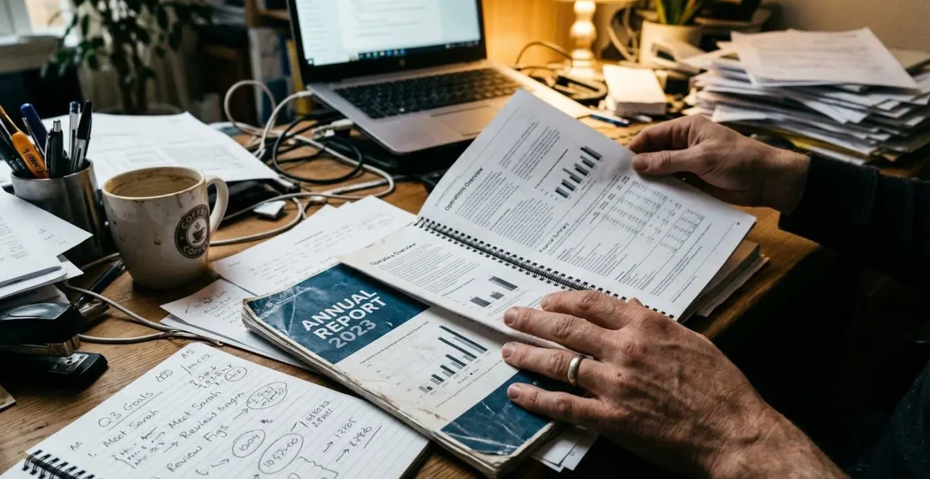 Mains feuilletant un rapport annuel ouvert sur un bureau encombré de documents et de notes manuscrites