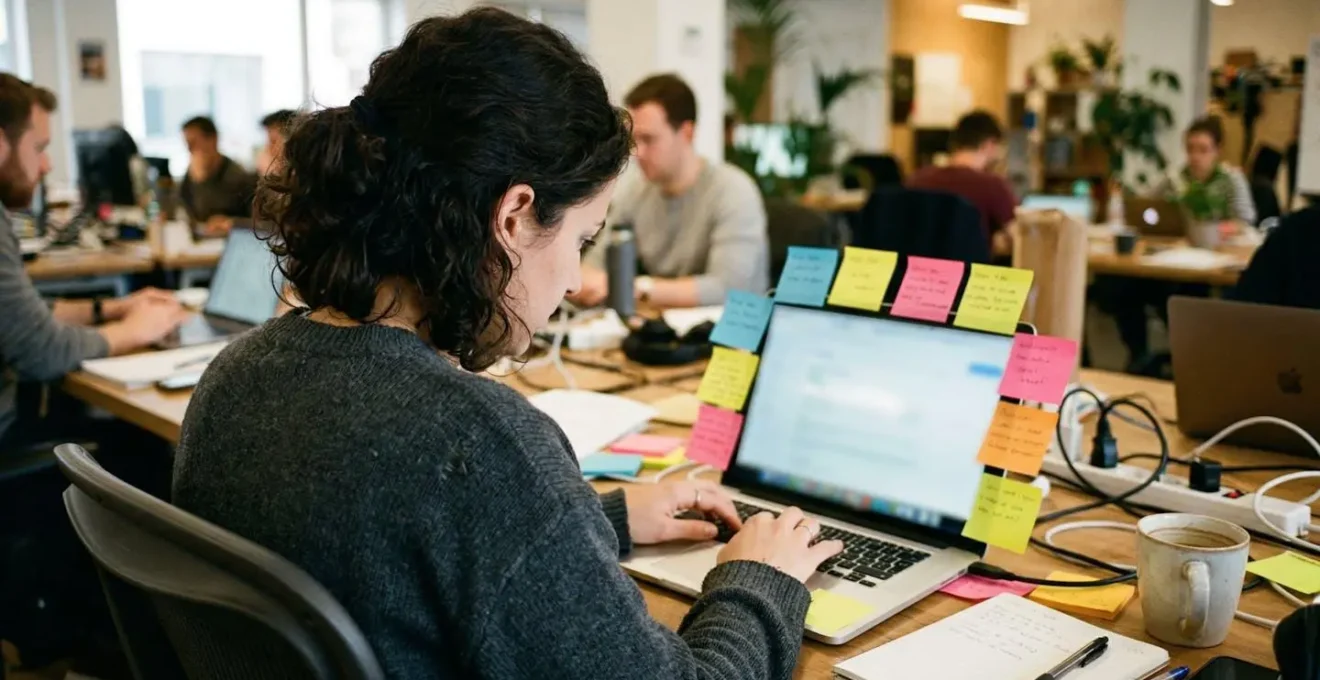 Personne de dos concentrée devant un ordinateur portable dans un open space, des post-its colorés visibles autour de l'écran