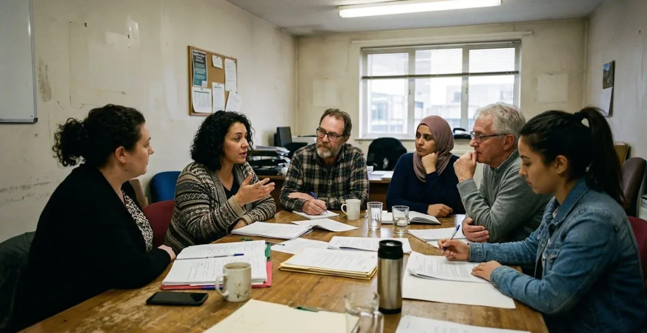 Groupe de personnes assises autour d'une table de réunion avec des documents éparpillés, dans une salle modeste éclairée par des néons