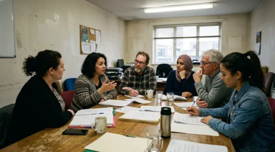 Groupe de personnes assises autour d'une table de réunion avec des documents éparpillés, dans une salle modeste éclairée par des néons